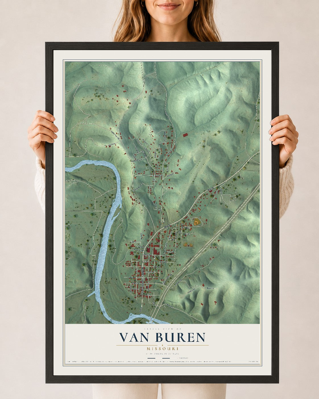 Map of Van Buren, Missouri, 24 x 36 inch print in a black wood frame