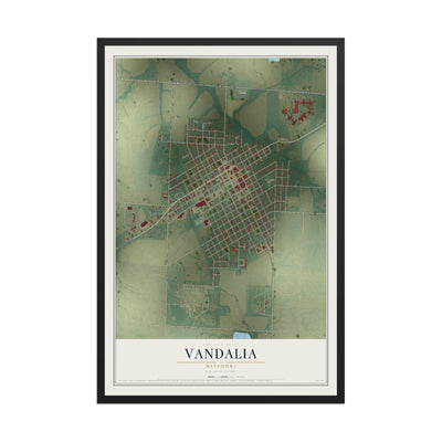 Map of Vandalia, Missouri, 12 x 18 inch print in a black wood frame