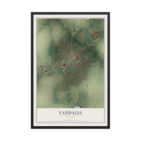 Map of Vandalia, Missouri, 12 x 18 inch print in a black wood frame