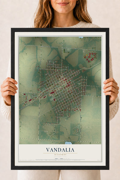 Map of Vandalia, Missouri, 18 x 24 inch print in a black wood frame