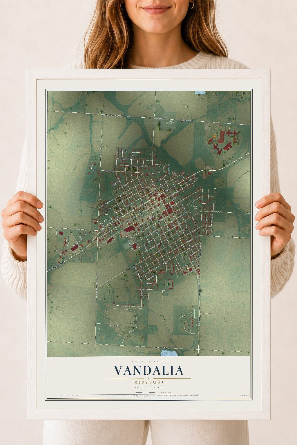 Map of Vandalia, Missouri, 18 x 24 inch print in a white wood frame