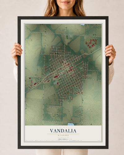 Map of Vandalia, Missouri, 24 x 36 inch print in a black wood frame