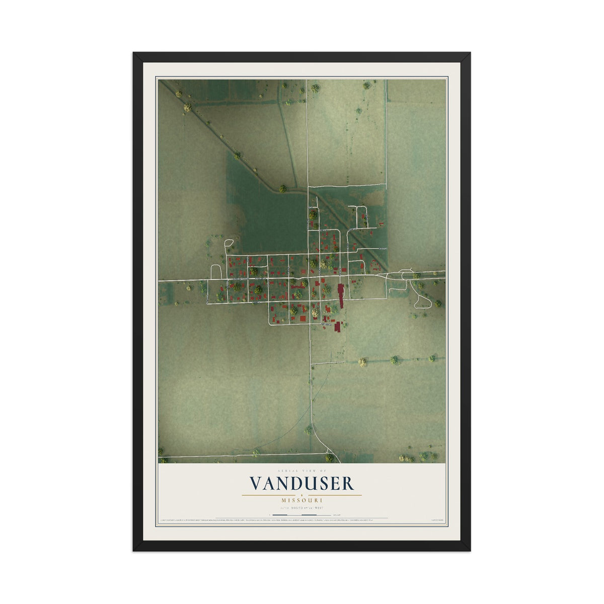 Map of Vanduser, Missouri, 12 x 18 inch print in a black wood frame