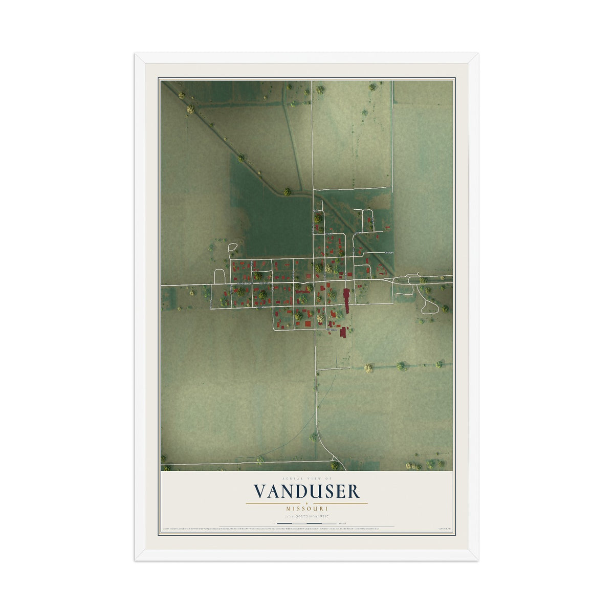 Map of Vanduser, Missouri, 12 x 18 inch print in a white wood frame