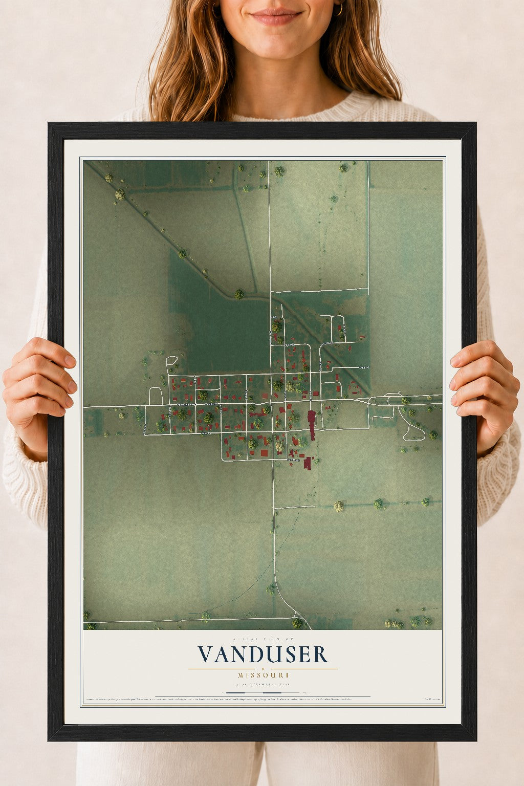 Map of Vanduser, Missouri, 18 x 24 inch print in a black wood frame
