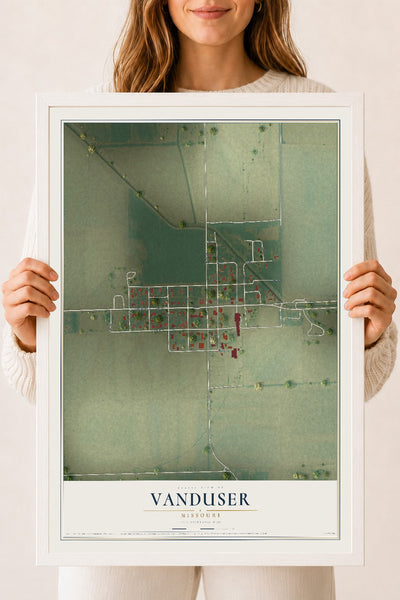 Map of Vanduser, Missouri, 18 x 24 inch print in a white wood frame