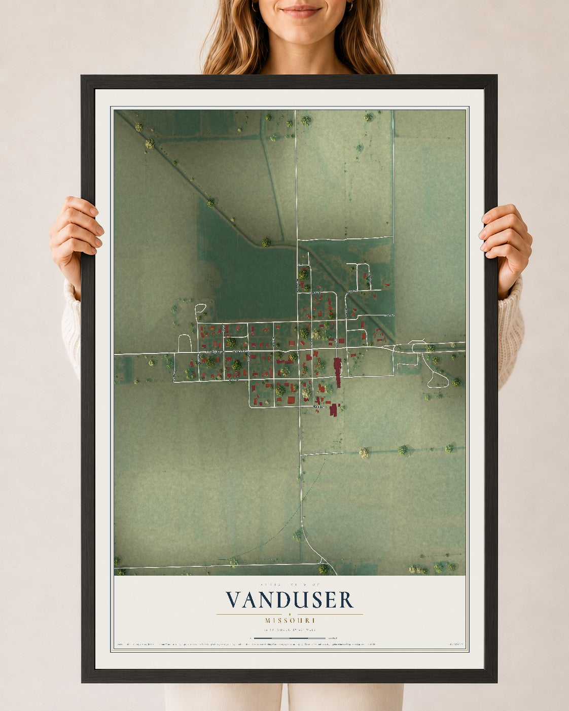 Map of Vanduser, Missouri, 24 x 36 inch print in a black wood frame