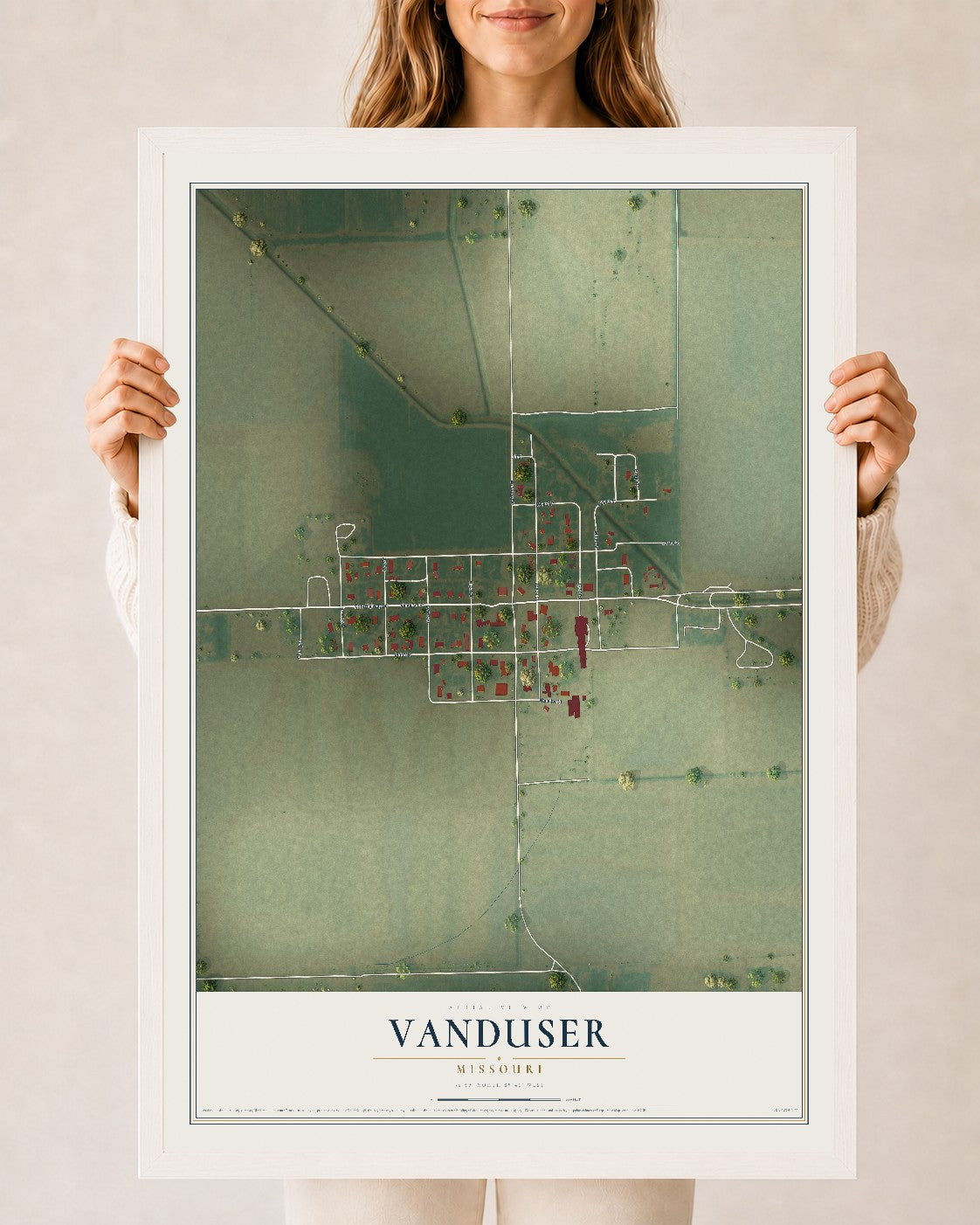 Map of Vanduser, Missouri, 24 x 36 inch print in a white wood frame