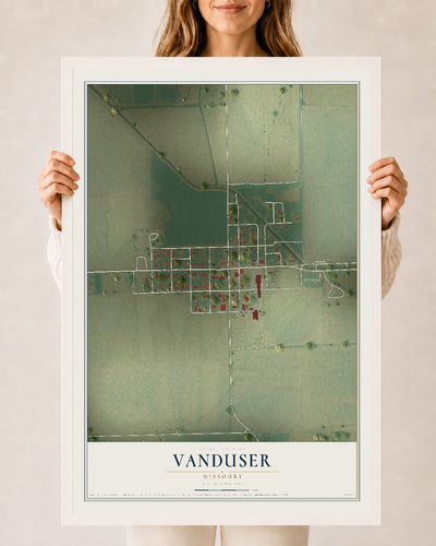 Map of Vanduser, Missouri, 24 x 36 inch print in a white wood frame