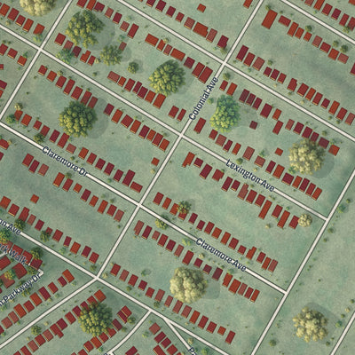 Close-up of the map of Velda City, Missouri print showing street and building detail