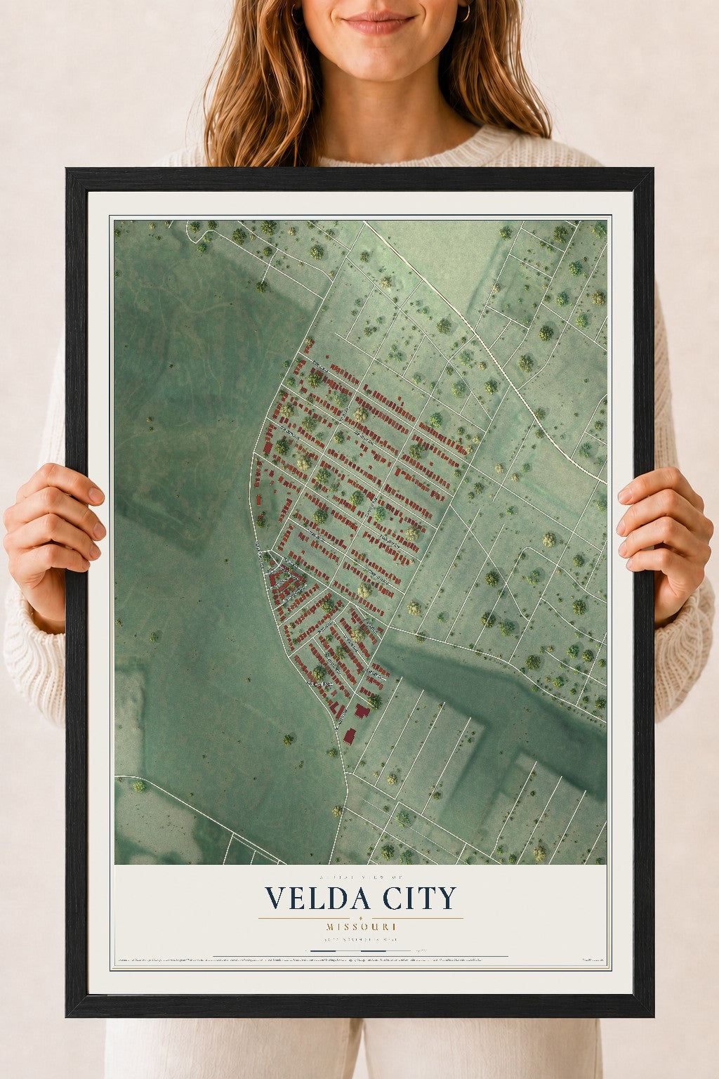 Map of Velda City, Missouri, 18 x 24 inch print in a black wood frame