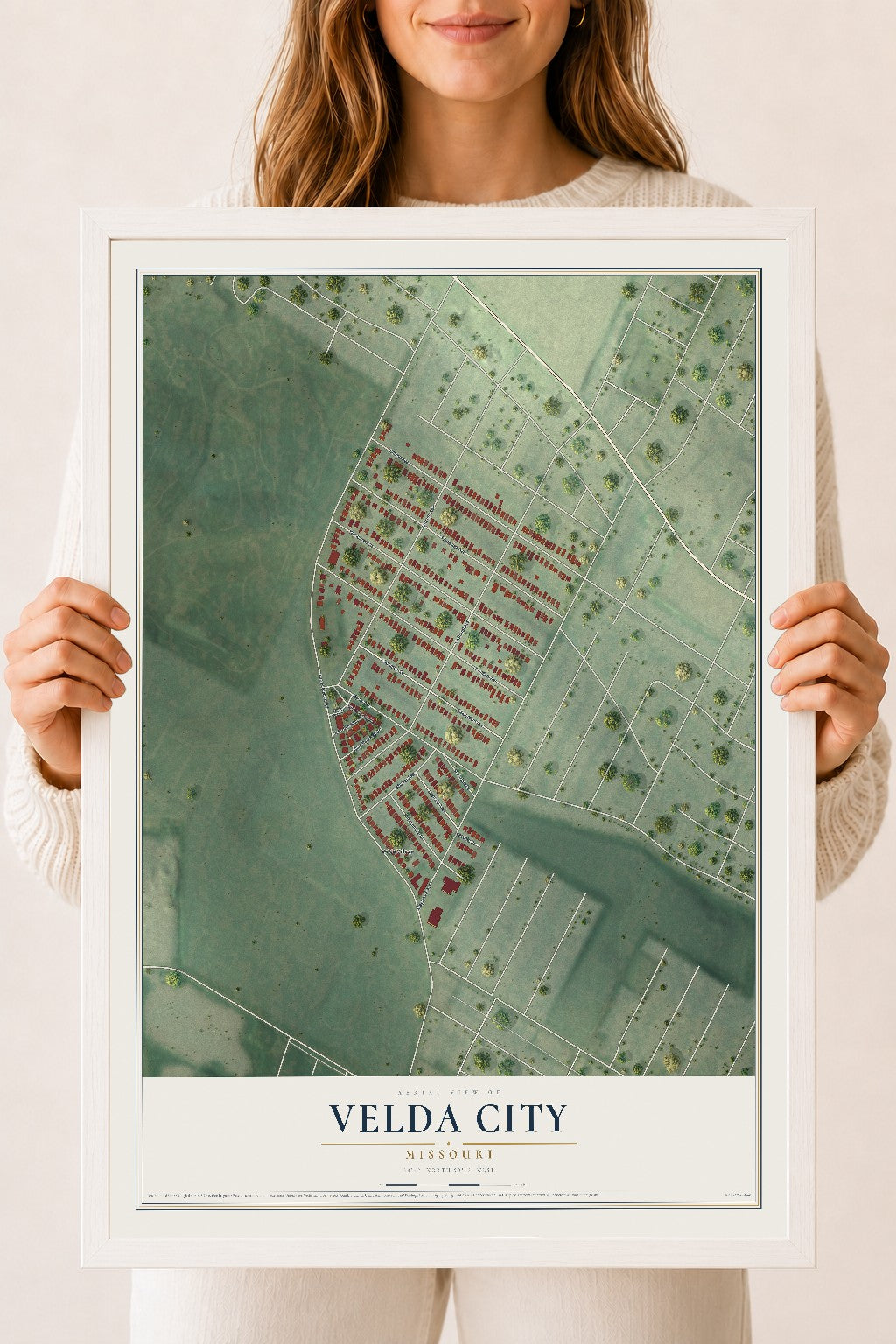 Map of Velda City, Missouri, 18 x 24 inch print in a white wood frame