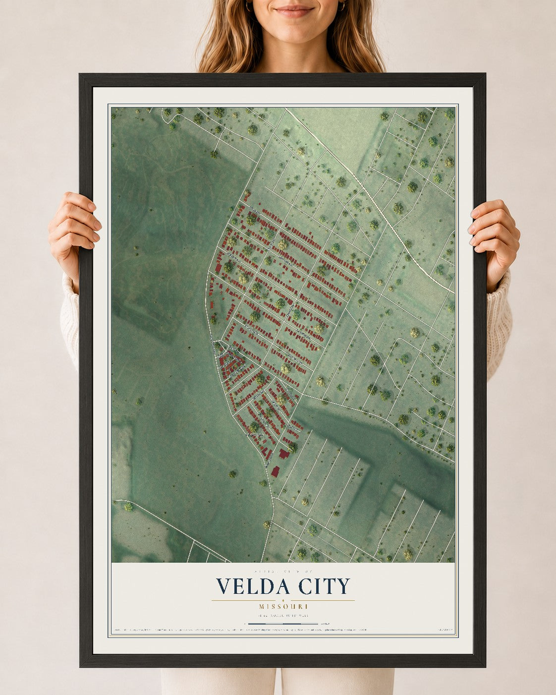 Map of Velda City, Missouri, 24 x 36 inch print in a black wood frame