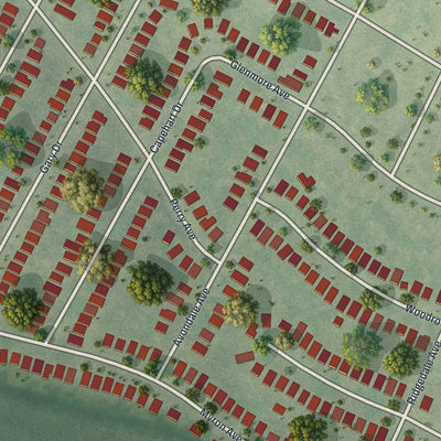 Close-up of the map of Velda Village Hills, Missouri print showing street and building detail