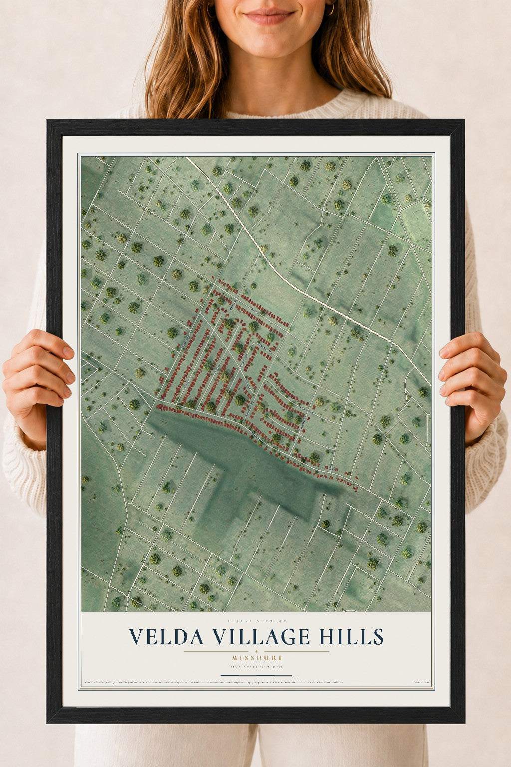 Map of Velda Village Hills, Missouri, 18 x 24 inch print in a black wood frame