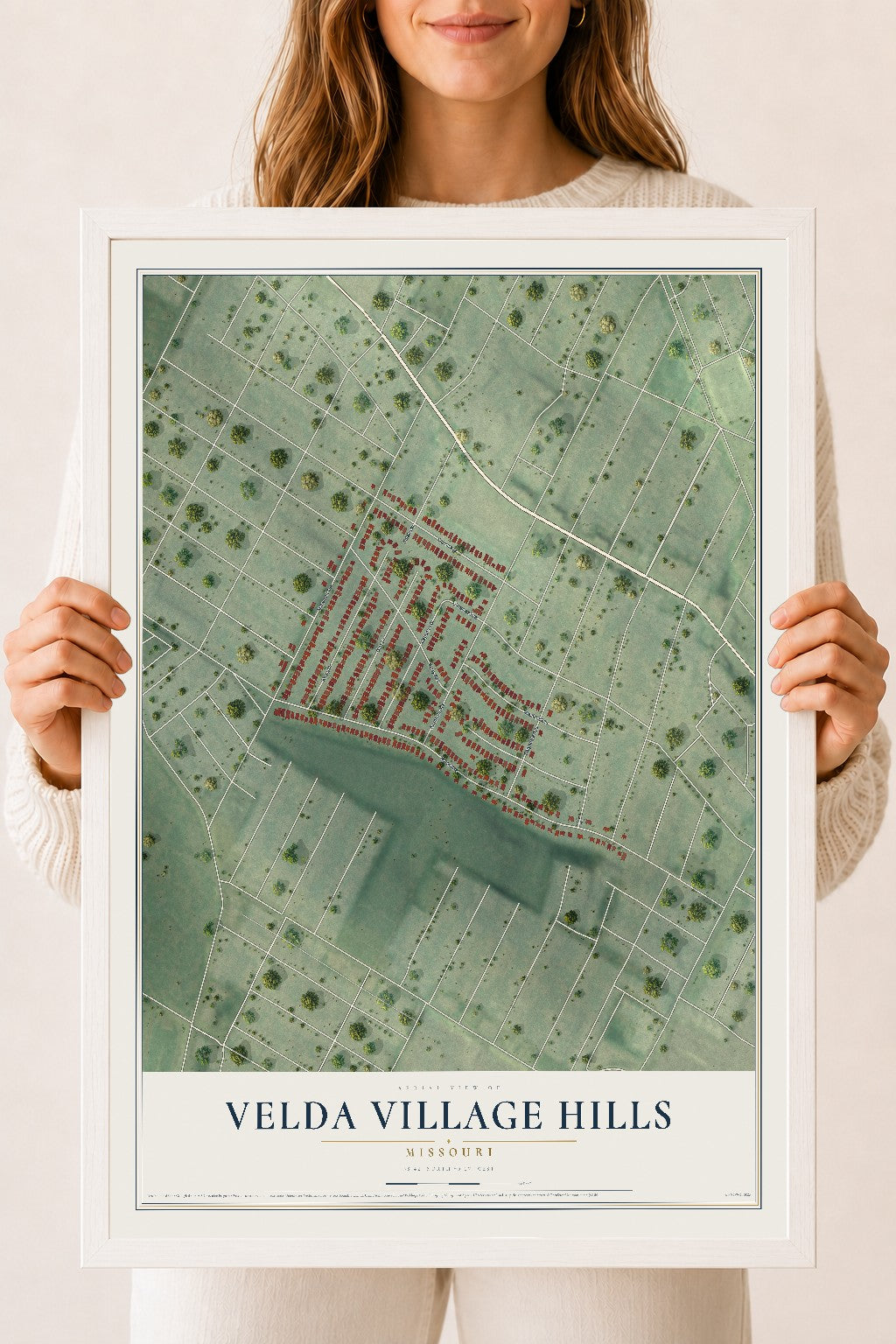 Map of Velda Village Hills, Missouri, 18 x 24 inch print in a white wood frame