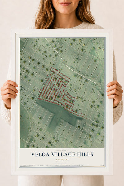Map of Velda Village Hills, Missouri, 18 x 24 inch print in a white wood frame