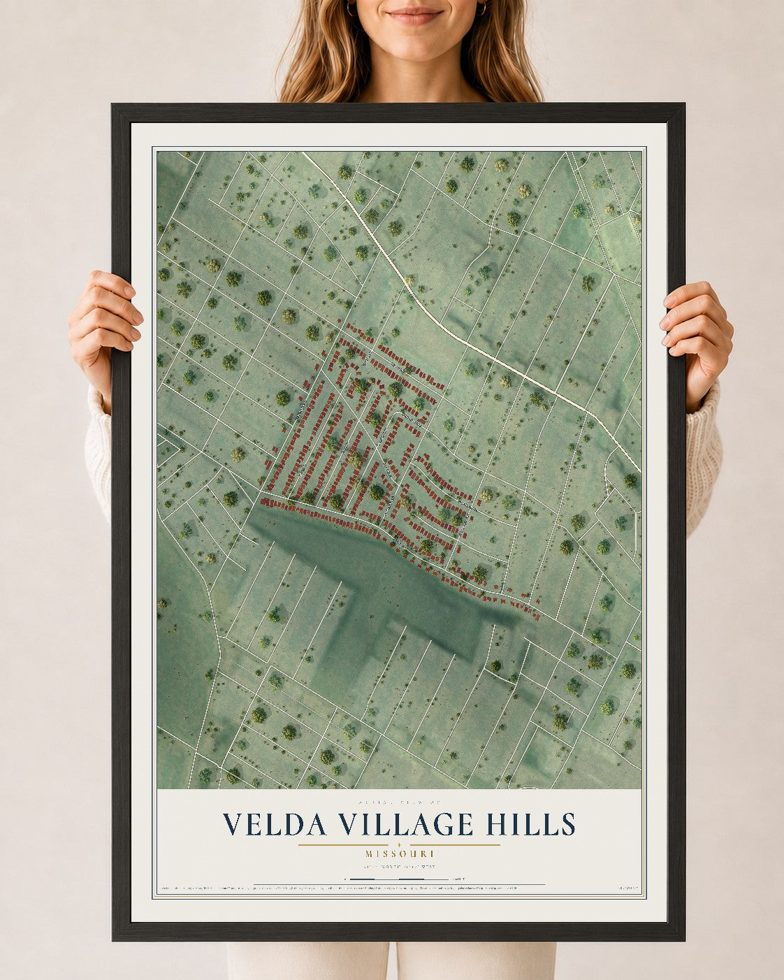 Map of Velda Village Hills, Missouri, 24 x 36 inch print in a black wood frame