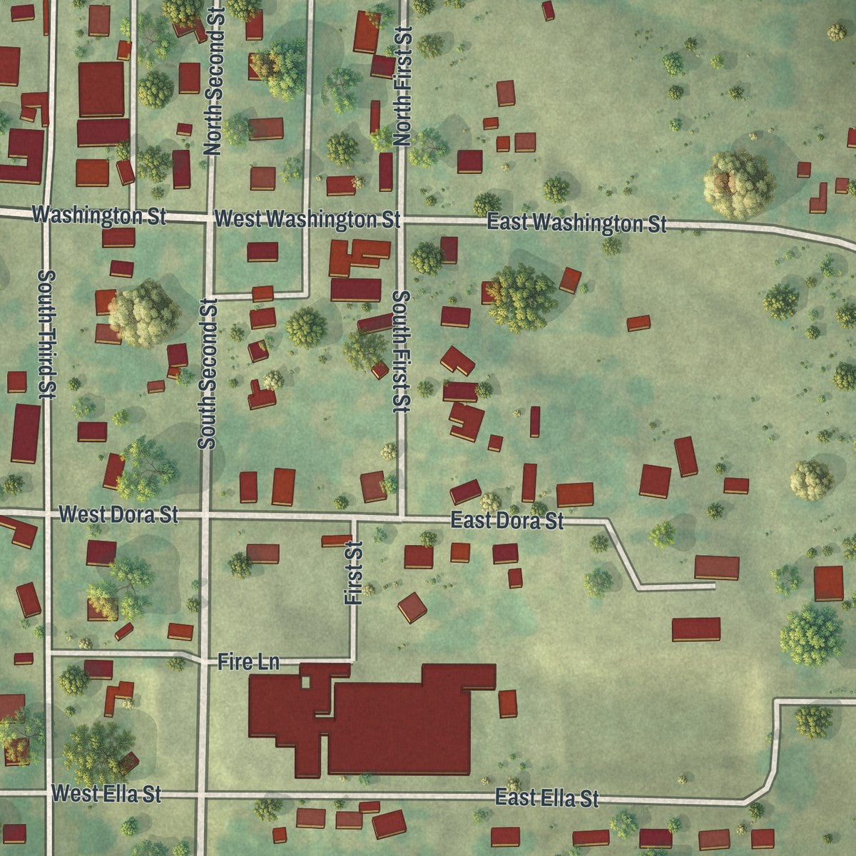 Close-up of the map of Verona, Missouri print showing street and building detail