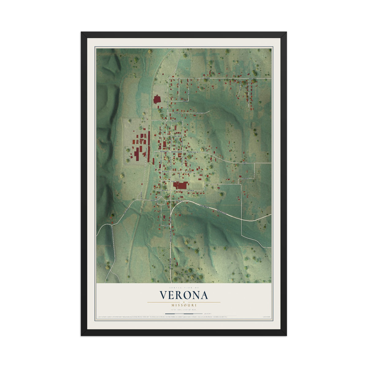 Map of Verona, Missouri, 12 x 18 inch print in a black wood frame
