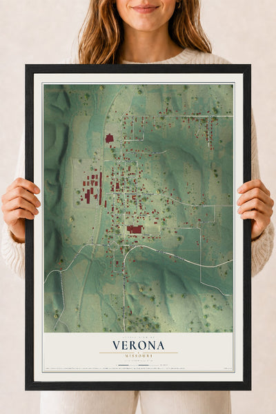 Map of Verona, Missouri, 18 x 24 inch print in a black wood frame