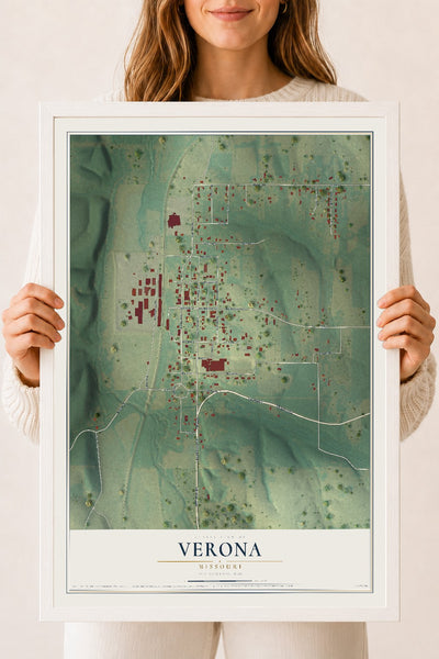 Map of Verona, Missouri, 18 x 24 inch print in a white wood frame