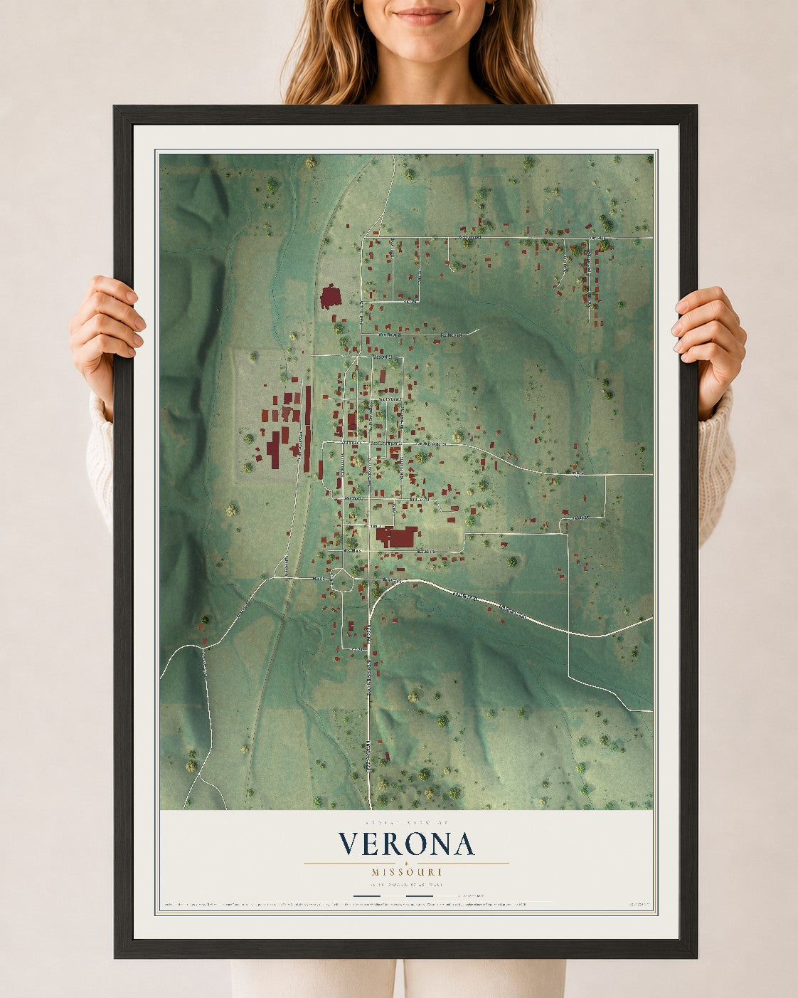 Map of Verona, Missouri, 24 x 36 inch print in a black wood frame