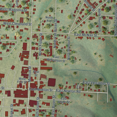 Second close-up of the map of Versailles, Missouri print showing more streets and buildings
