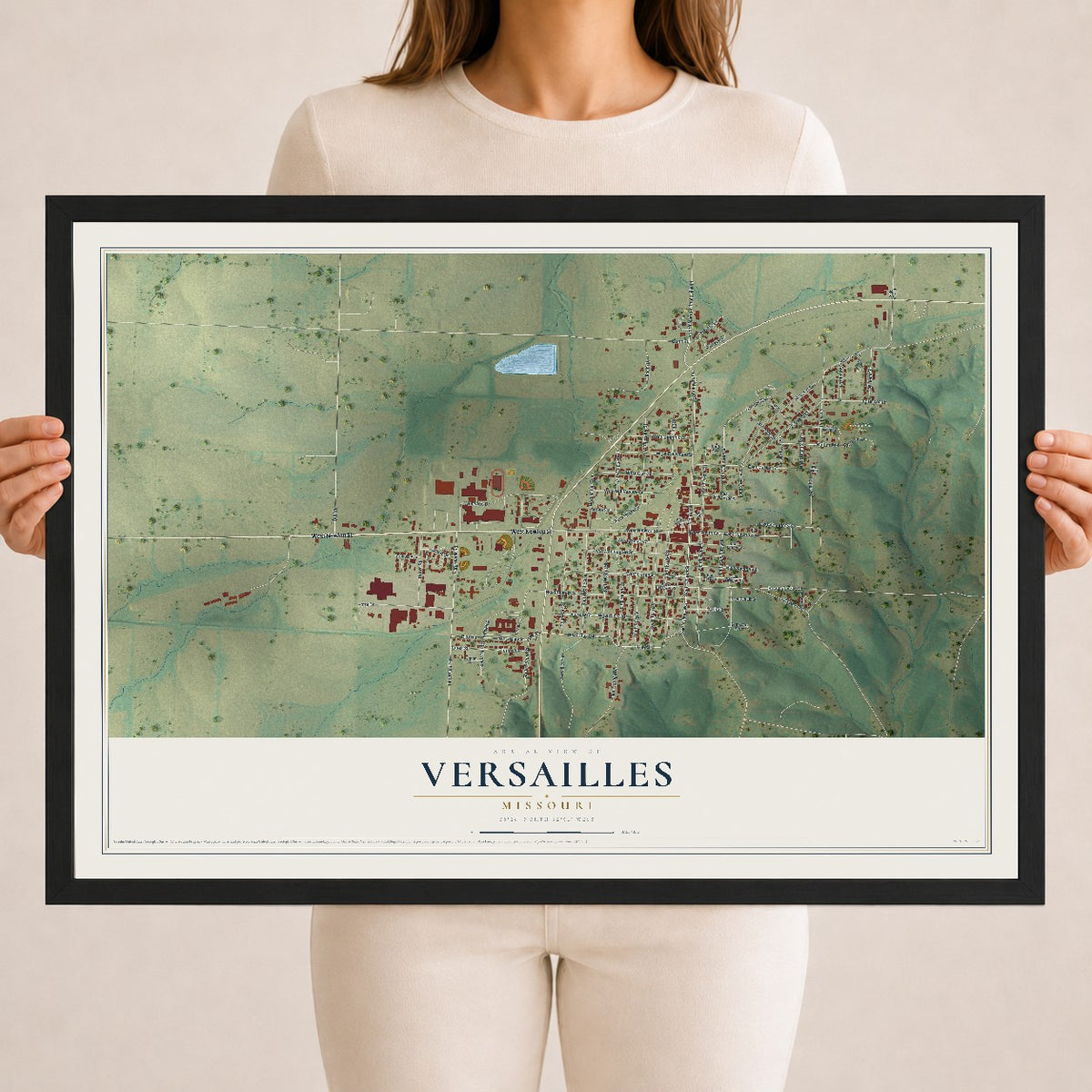 Map of Versailles, Missouri, 18 x 24 inch print in a black wood frame