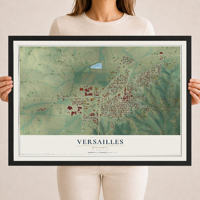 Map of Versailles, Missouri, 18 x 24 inch print in a black wood frame