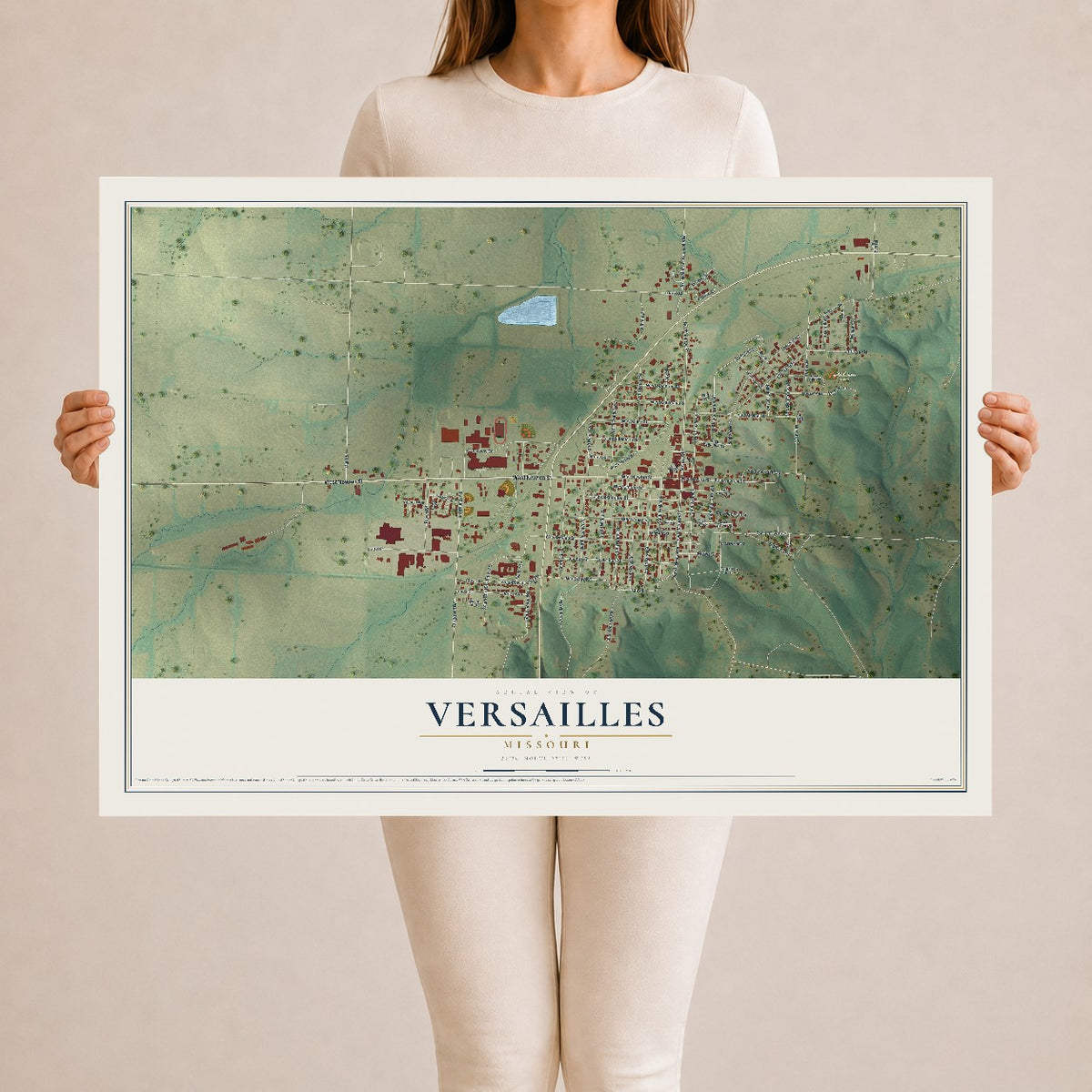Map of Versailles, Missouri, 24 x 36 inch unframed archival matte print