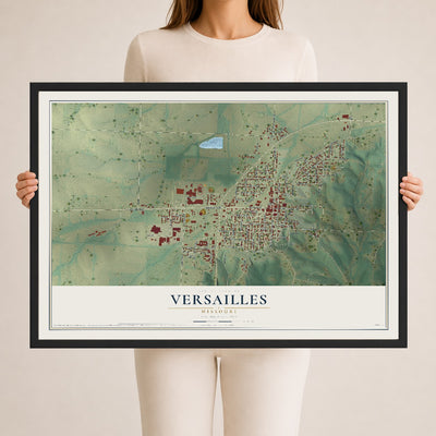 Map of Versailles, Missouri, 24 x 36 inch print in a black wood frame