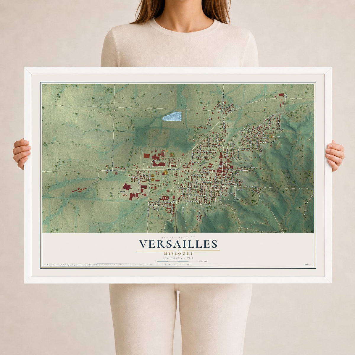 Map of Versailles, Missouri, 24 x 36 inch print in a white wood frame
