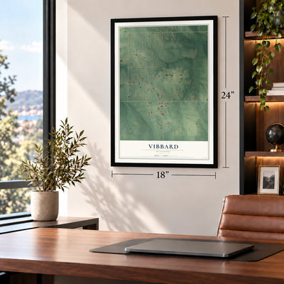 Vibbard, Missouri map, 18 x 24 inch print in a black frame in a home office