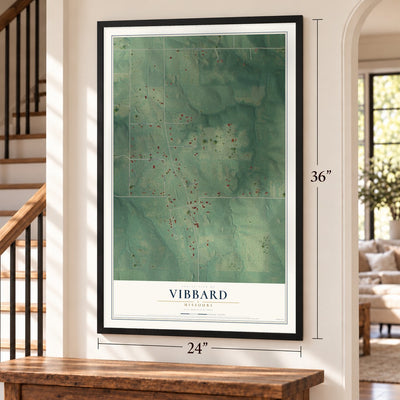 Vibbard, Missouri map, 24 x 36 inch print in a black frame by a staircase