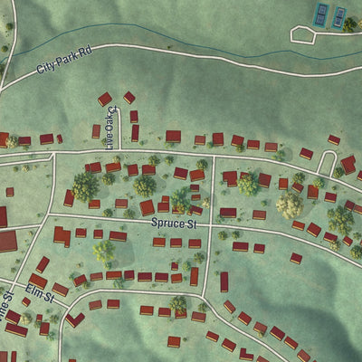 Close-up of the map of Viburnum, Missouri print showing street and building detail