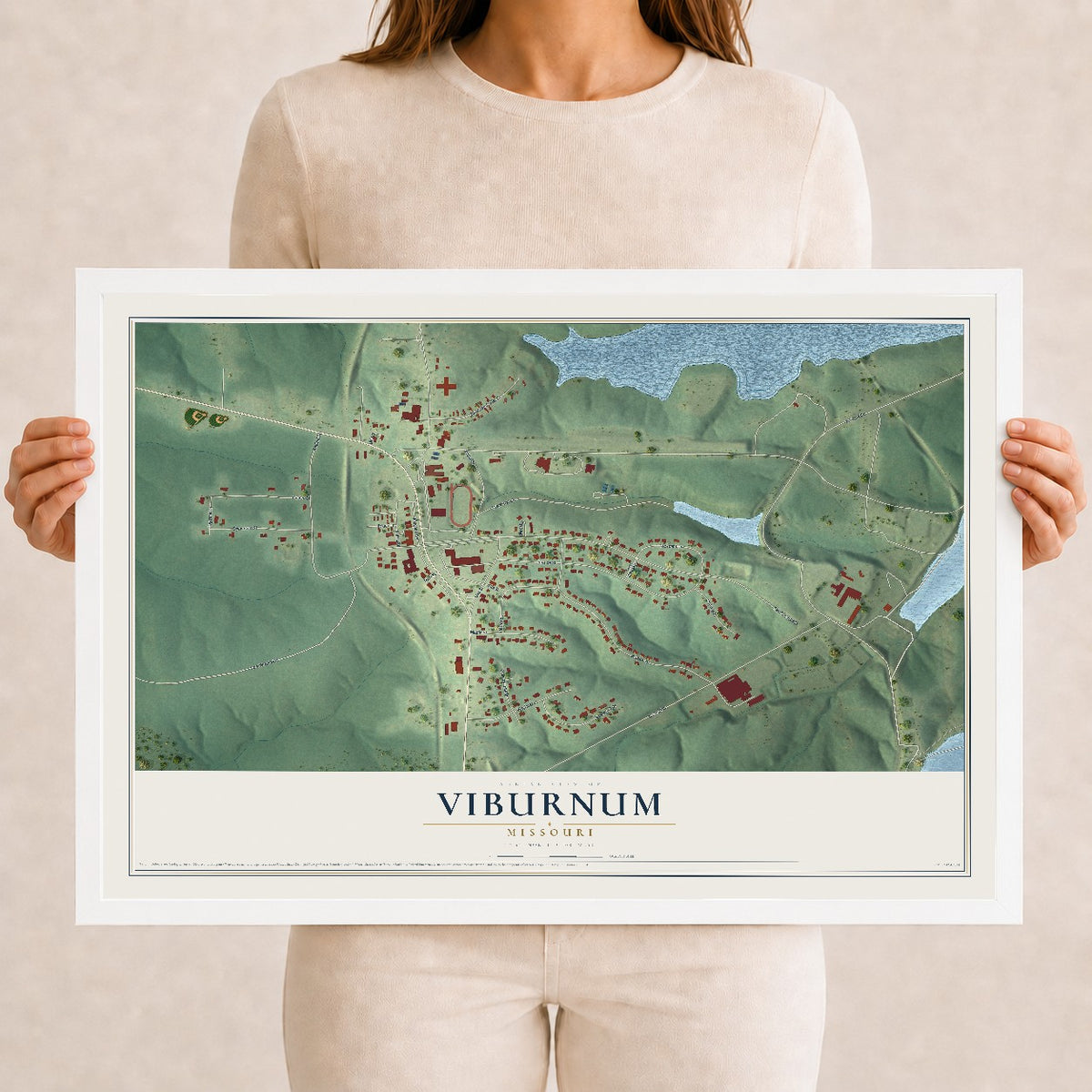 Map of Viburnum, Missouri, 12 x 18 inch print in a white wood frame