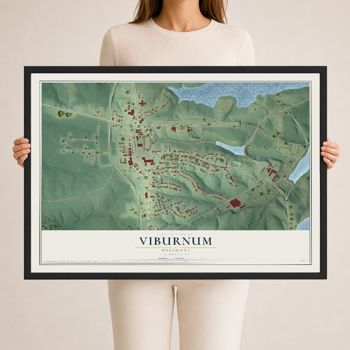 Map of Viburnum, Missouri, 24 x 36 inch print in a black wood frame