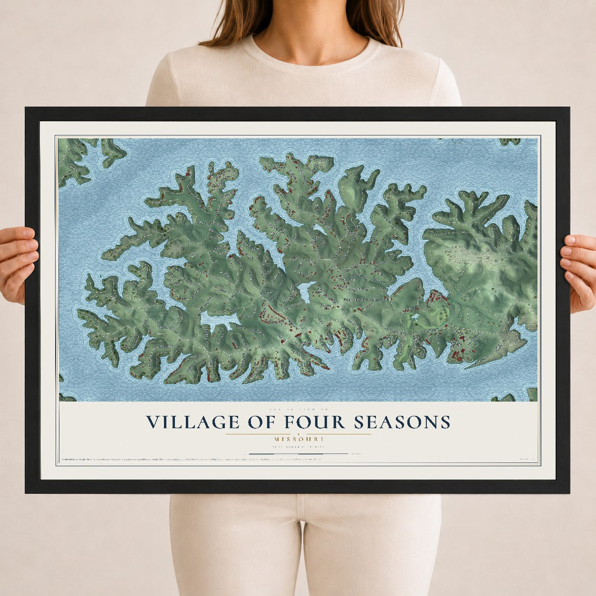 Map of the Village of Four Seasons, Missouri, 18 x 24 inch print in a black wood frame