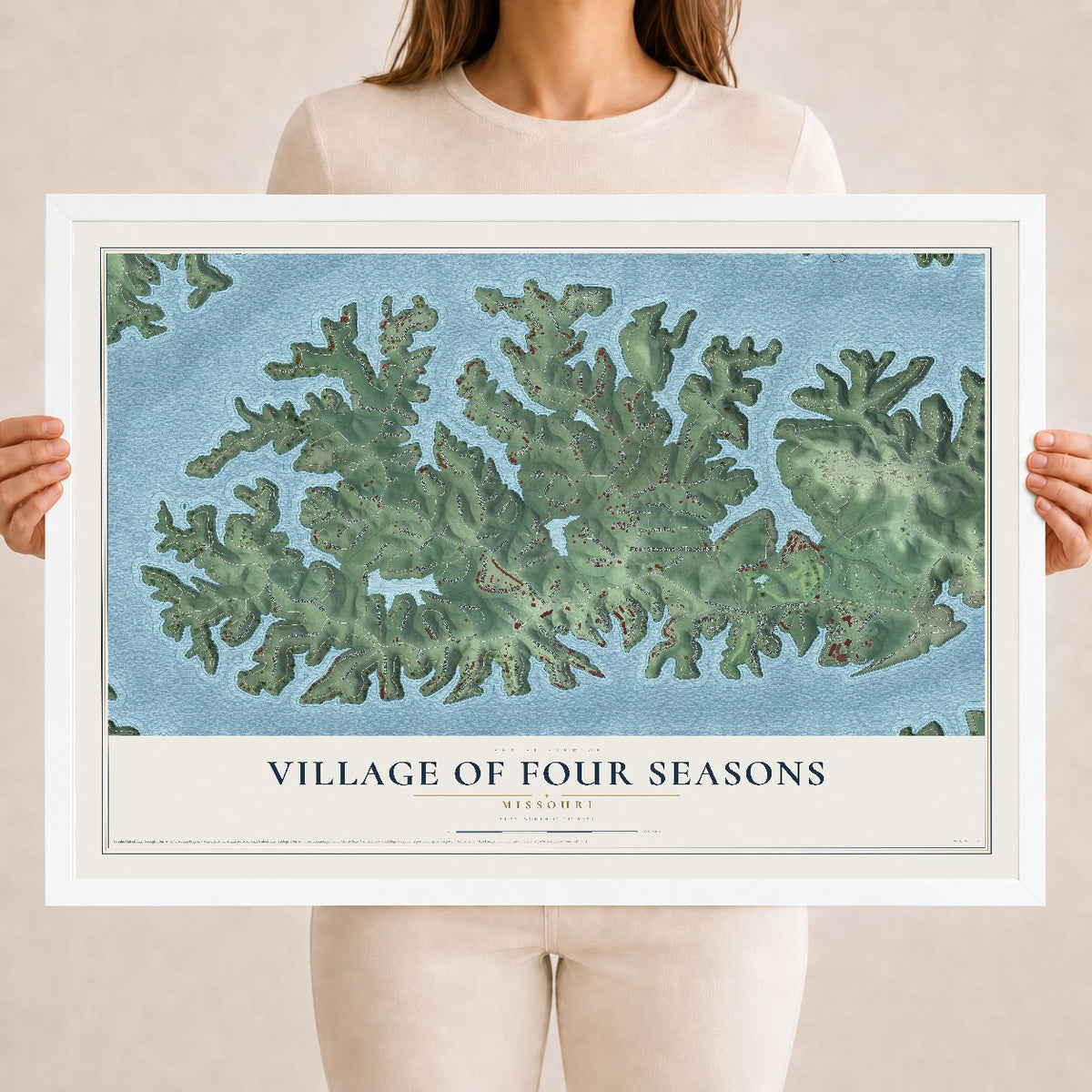 Map of the Village of Four Seasons, Missouri, 18 x 24 inch print in a white wood frame