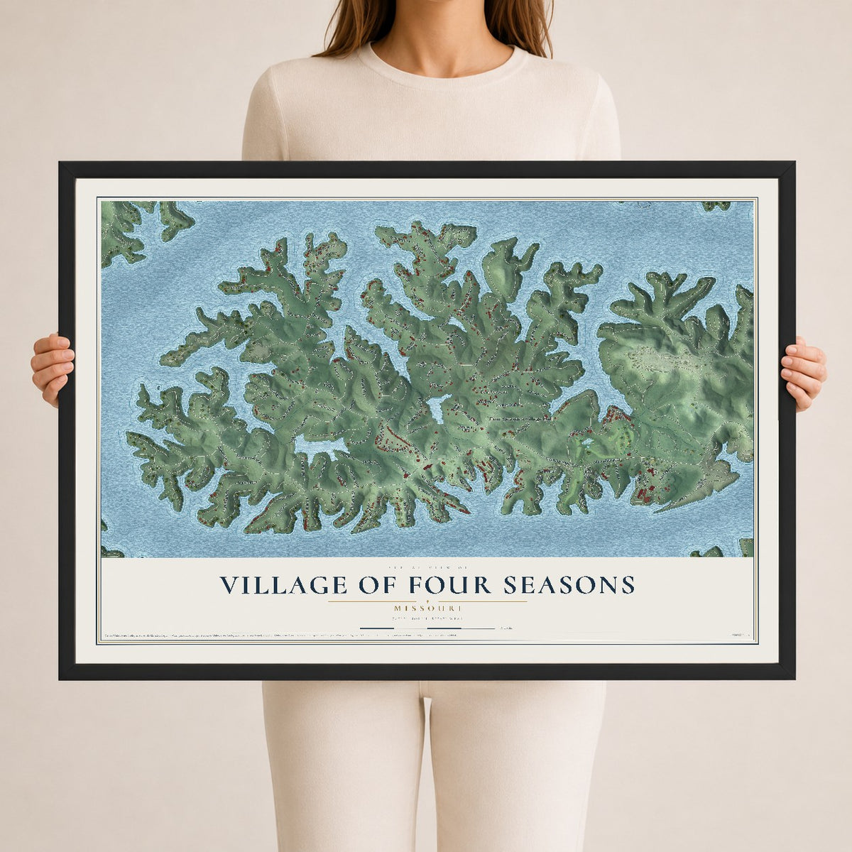 Map of the Village of Four Seasons, Missouri, 24 x 36 inch print in a black wood frame