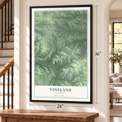 Vineland, Missouri map, 24 x 36 inch print in a black frame by a staircase