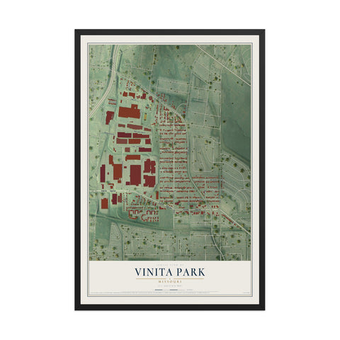 Map of Vinita Park, Missouri, 12 x 18 inch print in a black wood frame