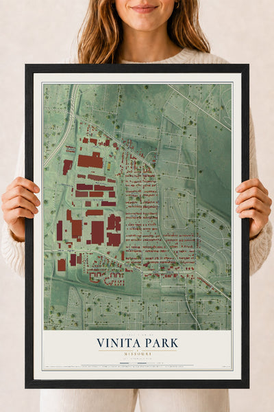Map of Vinita Park, Missouri, 18 x 24 inch print in a black wood frame