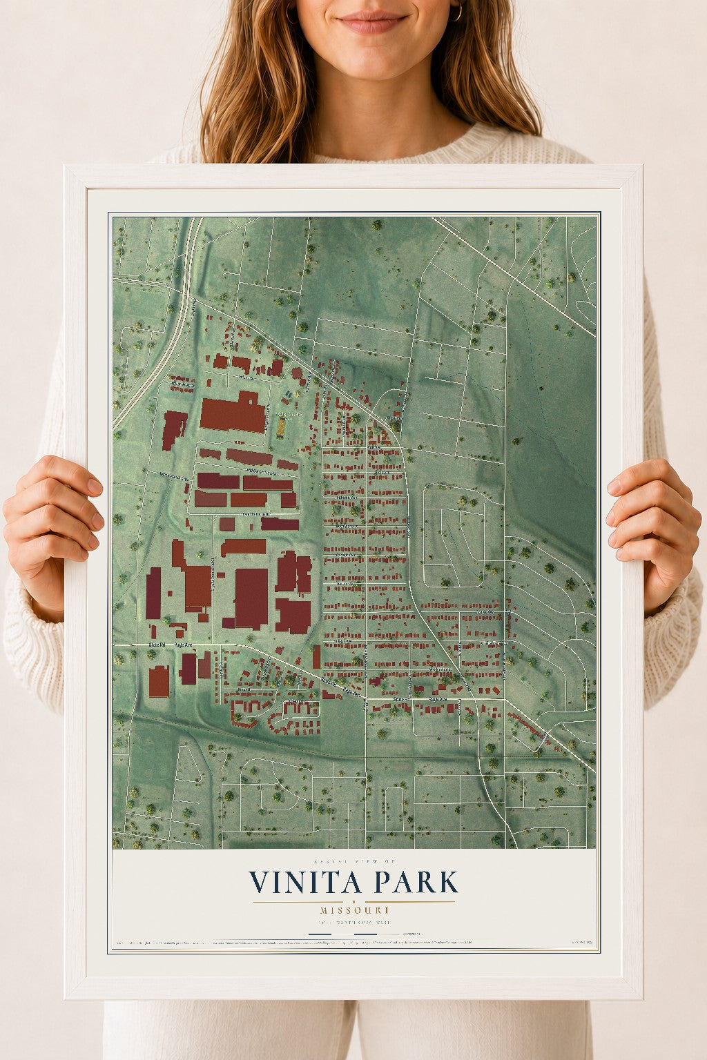 Map of Vinita Park, Missouri, 18 x 24 inch print in a white wood frame