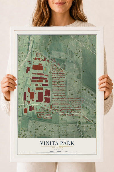 Map of Vinita Park, Missouri, 18 x 24 inch print in a white wood frame