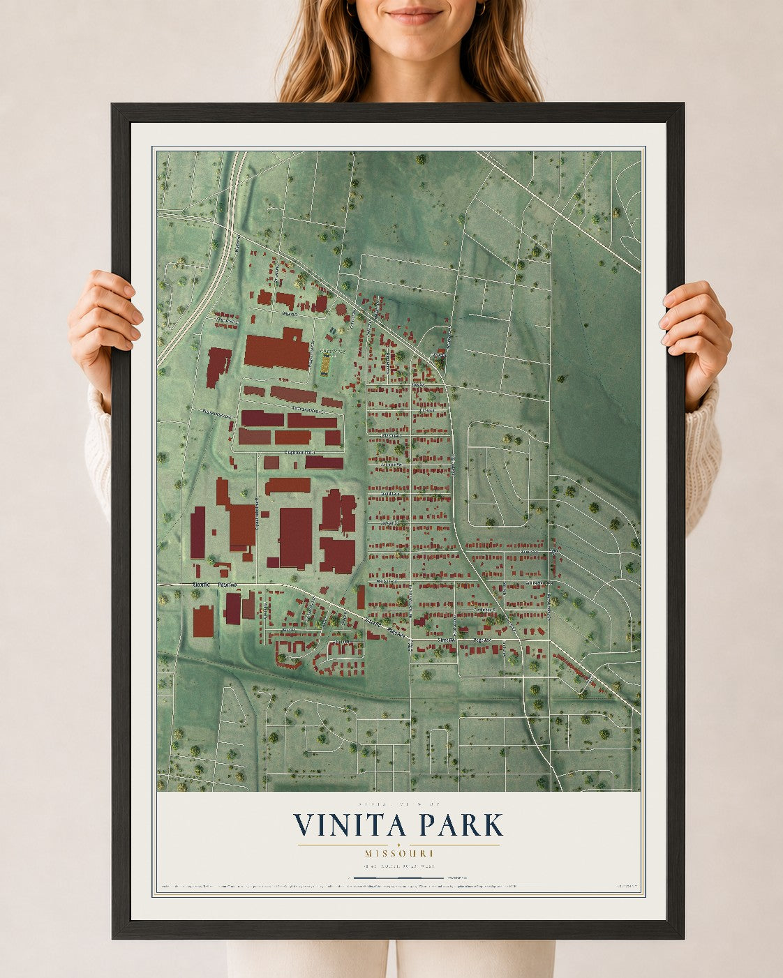 Map of Vinita Park, Missouri, 24 x 36 inch print in a black wood frame