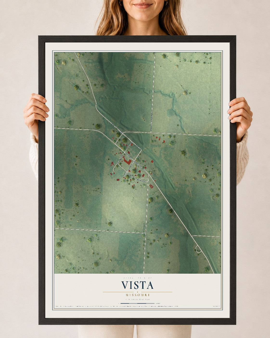 Map of Vista, Missouri, 24 x 36 inch print in a black wood frame