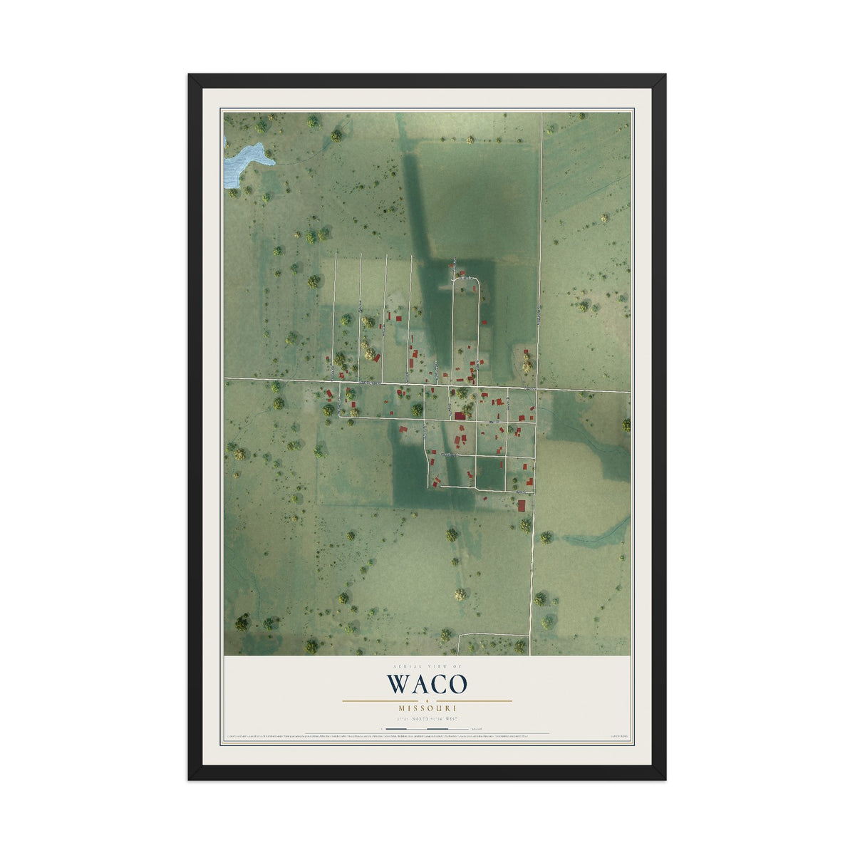 Map of Waco, Missouri, 12 x 18 inch print in a black wood frame