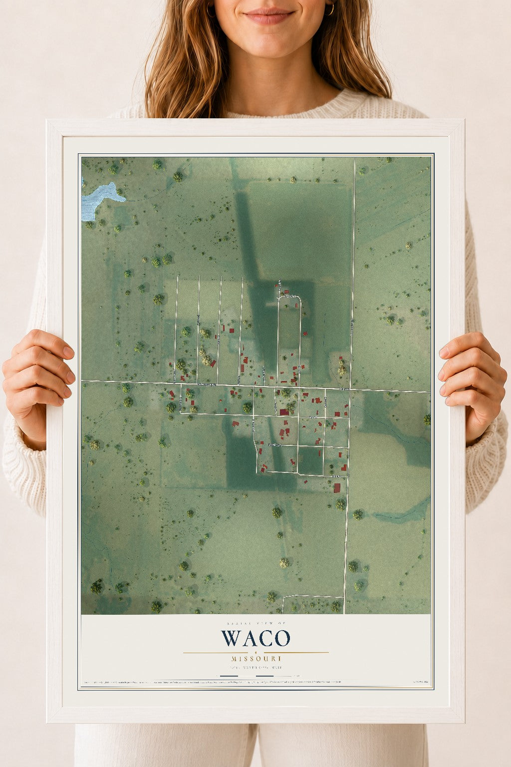 Map of Waco, Missouri, 18 x 24 inch print in a white wood frame